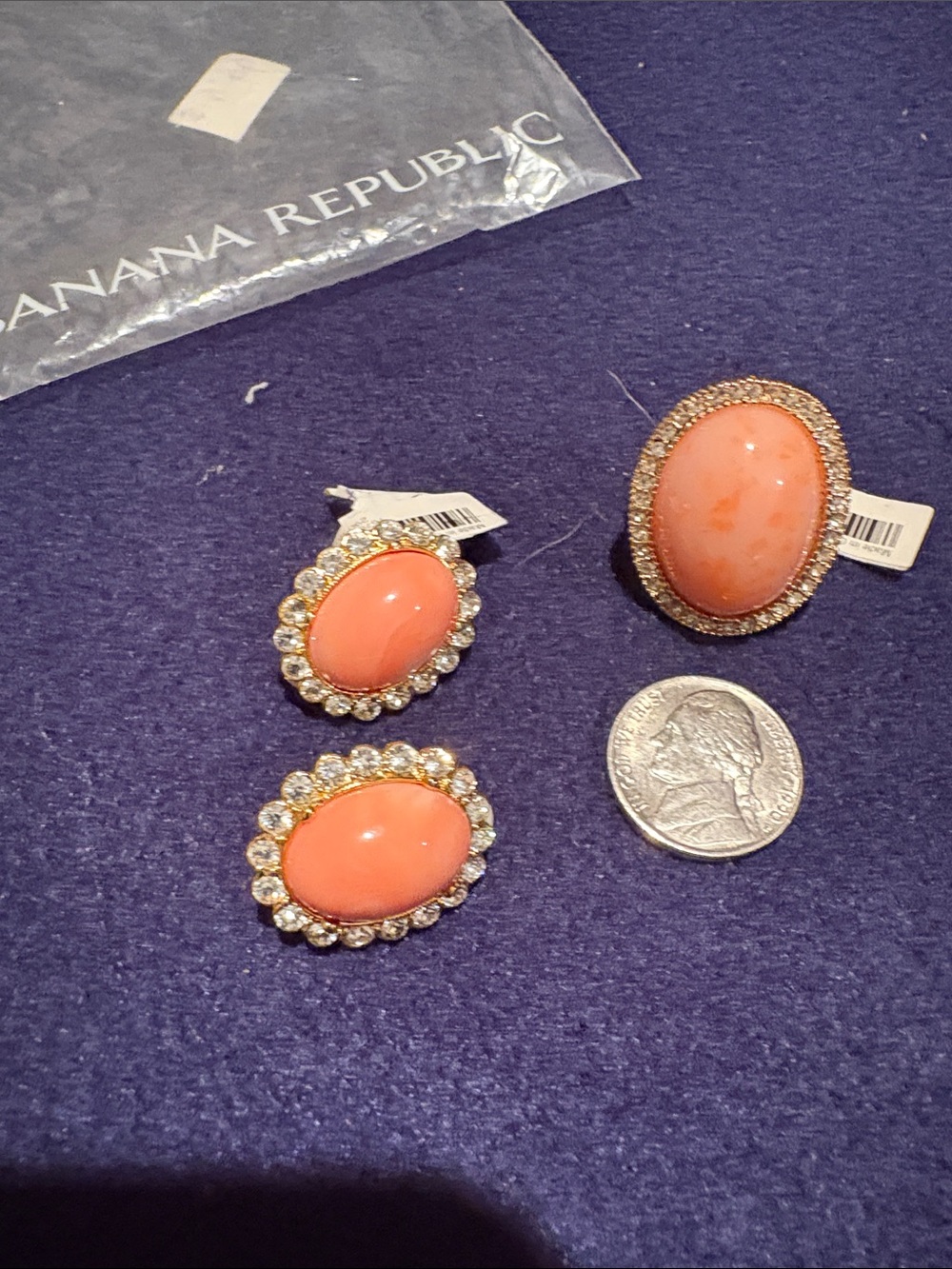 Banana Republic Coral Pink Oval Stone Brooch Set